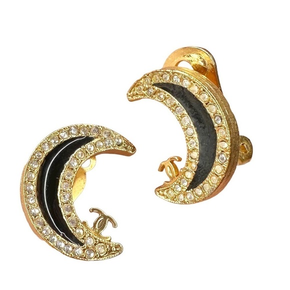 RARE Authentic CHANEL Gold & Black Crystal Crescent Moon CC Clip On Earrings - Picture 11 of 16